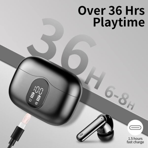 Wireless Earbuds, Bluetooth 5.3 Headphones Bass Stereo, Ear Buds with Noise Cancelling Mic LED Display, IP7 Waterproof in Ear Earphones, 36H Playtime for Laptop Pad Phones Sports Workout, Black - Image 2