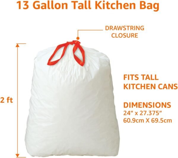 Amazon Basics Tall Kitchen Drawstring Trash Bags, 13 Gallon, 120 Count, Pack of 1 - Image 3