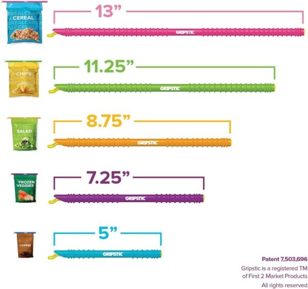 GripStic Bag Clips. 12pc Durable Food Clip Set for Kitchen Storage. Reusable Chip Bag Clips. Color Coded Bag Closure Sticks Provide Air Tight Seal. Durable Cereal Bag Clips. Chip Clips Reinvented. - Image 2