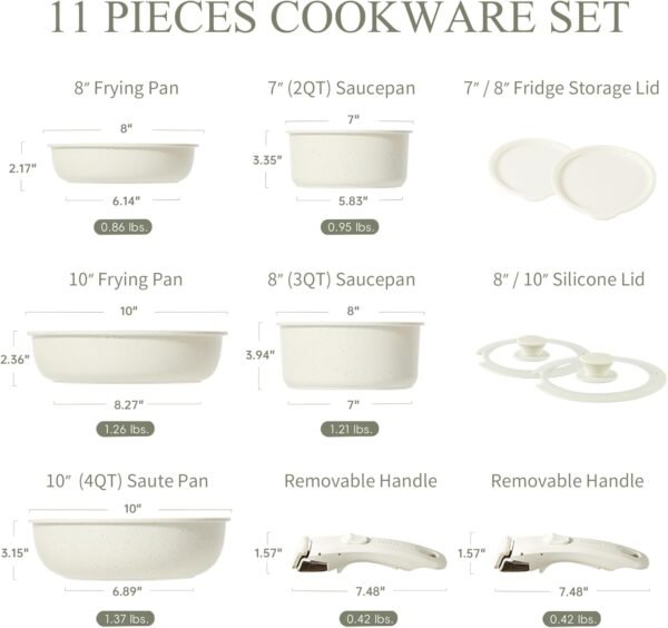 CAROTE Pots and Pans Set Non Stick, Cookware Sets, 11pcs Kitchen Set, Oven/Fridge Safe, Space Saving Pots Set, Nonstick Set with Versatile Removable/Detachable Handle, Induction RV Set, Cream White - Image 2