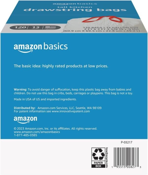 Amazon Basics Tall Kitchen Drawstring Trash Bags, 13 Gallon, 120 Count, Pack of 1 - Image 4