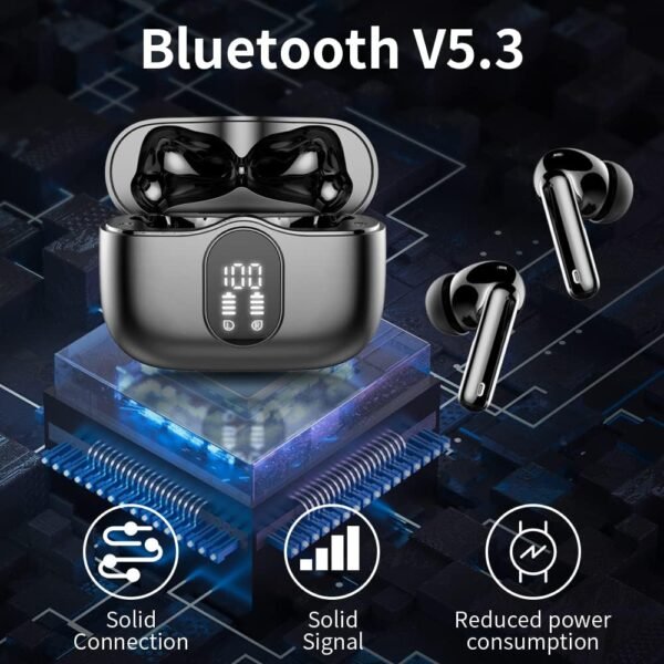 Wireless Earbuds, Bluetooth 5.3 Headphones Bass Stereo, Ear Buds with Noise Cancelling Mic LED Display, IP7 Waterproof in Ear Earphones, 36H Playtime for Laptop Pad Phones Sports Workout, Black - Image 4