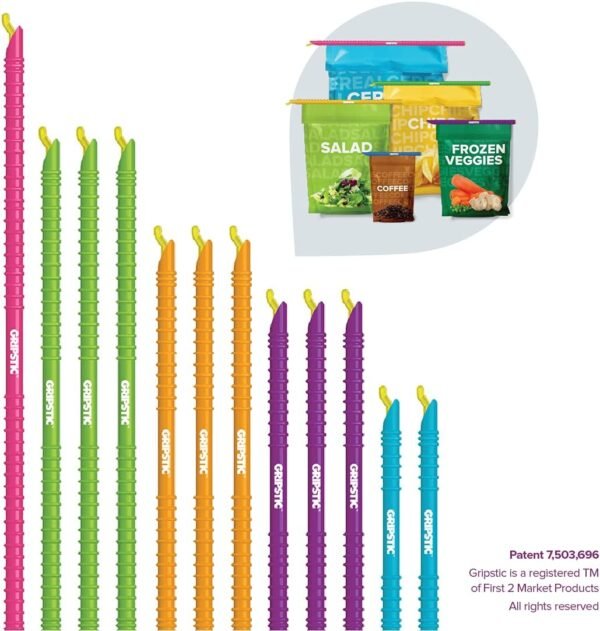 GripStic Bag Clips. 12pc Durable Food Clip Set for Kitchen Storage. Reusable Chip Bag Clips. Color Coded Bag Closure Sticks Provide Air Tight Seal. Durable Cereal Bag Clips. Chip Clips Reinvented. - Image 3