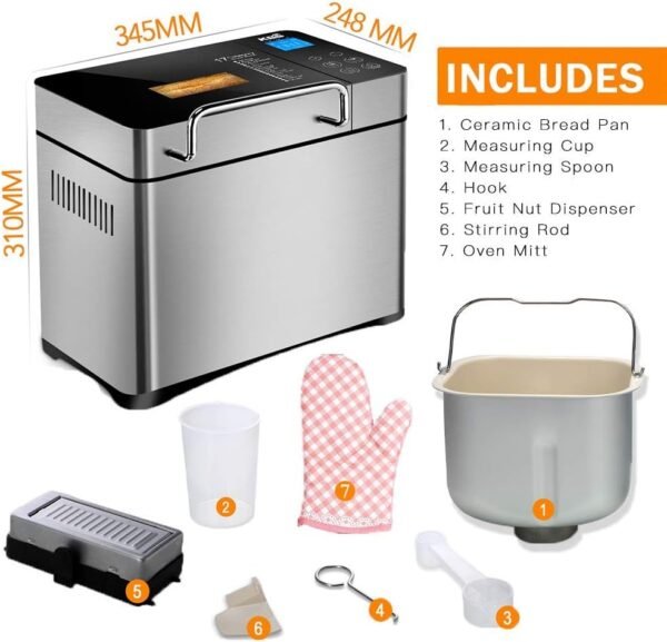 KBS Pro Stainless Steel Bread Machine, 2LB 17-in-1 Programmable XL Bread Maker with Fruit Nut Dispenser, Nonstick Ceramic Pan& Digital Touch Panel, 3 Loaf Sizes 3 Crust Colors, Reserve& Keep Warm Set - Image 2