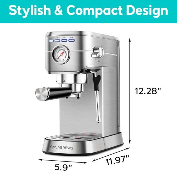 CASABREWS Espresso Machine 20 Bar, Professional Espresso Maker with Milk Frother Steam Wand, Compact Espresso Coffee Machine with 34oz Removable Water Tank for Cappuccino, Latte, Silver - Image 2