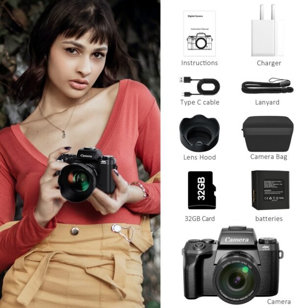 Saneen Digital Camera, 4k Cameras for Photography & Video, 64MP WiFi Touch Screen Vlogging Camera for YouTube with Flash, 32GB SD Card, Lens Hood, 3000mAH Battery, Front and Rear Cameras - Black - Image 4