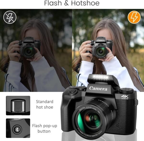 Saneen Digital Camera, 4k Cameras for Photography & Video, 64MP WiFi Touch Screen Vlogging Camera for YouTube with Flash, 32GB SD Card, Lens Hood, 3000mAH Battery, Front and Rear Cameras - Black - Image 6