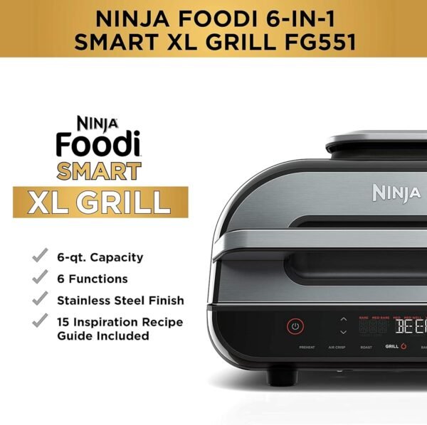 Ninja Indoor Grill, Foodi Smart XL 6-in-1 Indoor Grill with Air Fry, Roast, Bake, Broil & Dehydrate, Smart Thermometer, Black/Silver, FG551 - Image 14