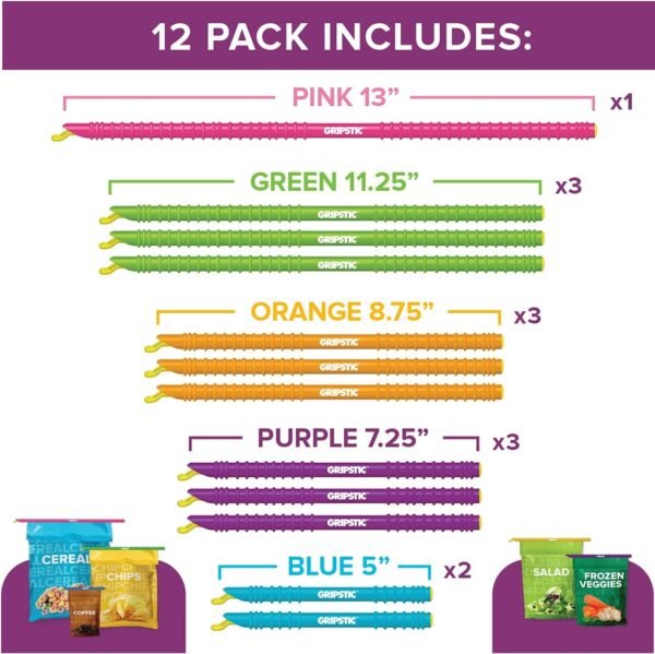GripStic Bag Clips. 12pc Durable Food Clip Set for Kitchen Storage. Reusable Chip Bag Clips. Color Coded Bag Closure Sticks Provide Air Tight Seal. Durable Cereal Bag Clips. Chip Clips Reinvented. - Image 5