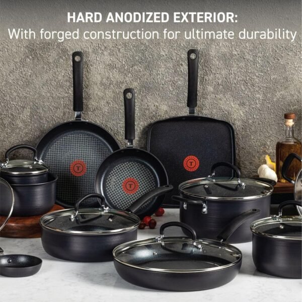 T-fal Ultimate Hard Anodized Nonstick Cookware Set 17 Piece, Oven Broiler Safe 400F, Lid Safe 350F, Kitchen Cooking Set w/ Fry Pans, Saucepans, Saute Pan, Griddle, Pots and Pans, Dishwasher Safe Black - Image 7