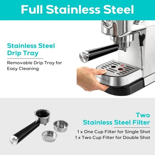 CASABREWS Espresso Machine 20 Bar, Professional Espresso Maker with Milk Frother Steam Wand, Compact Espresso Coffee Machine with 34oz Removable Water Tank for Cappuccino, Latte, Silver - Image 9