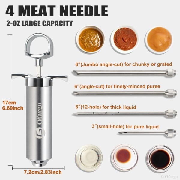 Ofargo 304-Stainless Steel Meat Injector Syringe Kit with 4 Marinade Needles for BBQ Grill Smoker, 2-oz Large Capacity, Both Paper User Manual and E-Book Recipe - Image 2