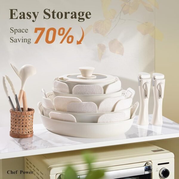Ceramic Cookware Set Non Toxic with Detachable Handles, Healthy Nonstick Pans and Pots Set 19 Pcs, Induction Dishwasher Oven Safe Kitchen Set, PFAS PFOA & PTFE Free, Cream White - Image 3