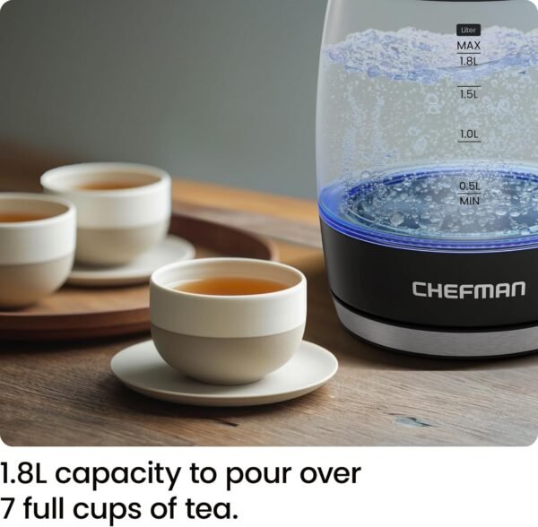 Chefman Electric Kettle, 1.8L 1500W, Hot Water Boiler, Removable Lid for Easy Cleaning, Auto Shut Off, Boil-Dry Protection, Stainless Steel Filter, BPA Free, Borosilicate Glass Electric Tea Kettle - Image 3