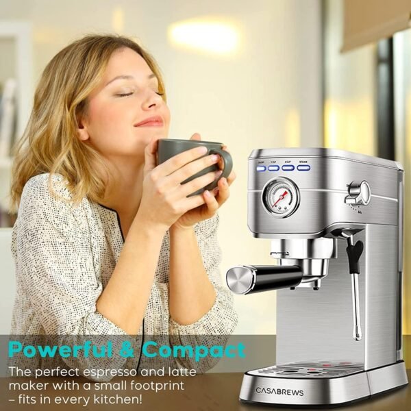 CASABREWS Espresso Machine 20 Bar, Professional Espresso Maker with Milk Frother Steam Wand, Compact Espresso Coffee Machine with 34oz Removable Water Tank for Cappuccino, Latte, Silver - Image 4