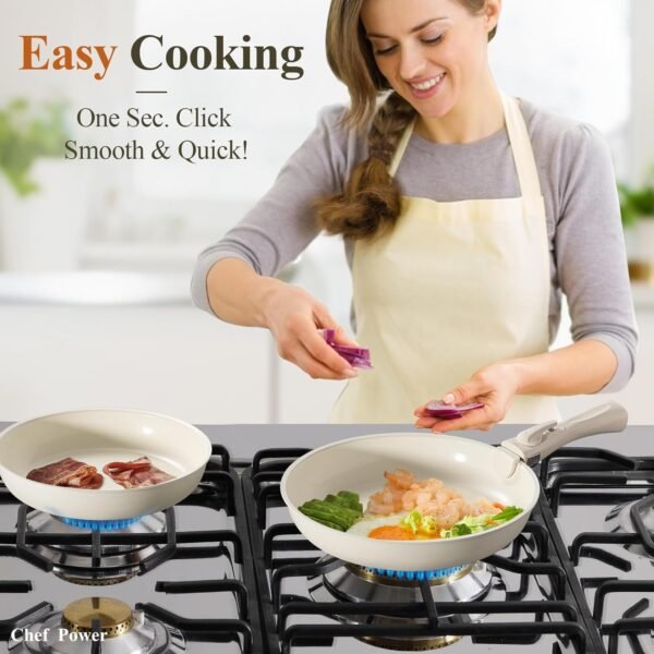 Ceramic Cookware Set Non Toxic with Detachable Handles, Healthy Nonstick Pans and Pots Set 19 Pcs, Induction Dishwasher Oven Safe Kitchen Set, PFAS PFOA & PTFE Free, Cream White - Image 4