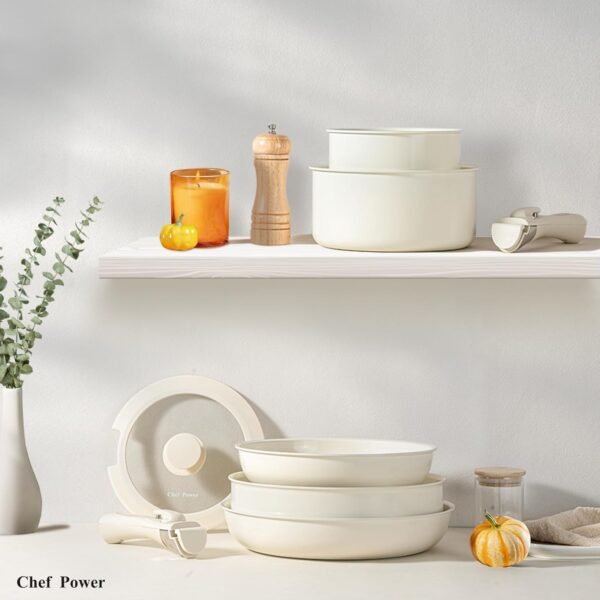 Ceramic Cookware Set Non Toxic with Detachable Handles, Healthy Nonstick Pans and Pots Set 19 Pcs, Induction Dishwasher Oven Safe Kitchen Set, PFAS PFOA & PTFE Free, Cream White - Image 5