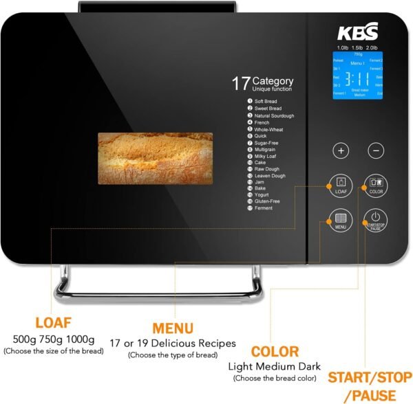 KBS Pro Stainless Steel Bread Machine, 2LB 17-in-1 Programmable XL Bread Maker with Fruit Nut Dispenser, Nonstick Ceramic Pan& Digital Touch Panel, 3 Loaf Sizes 3 Crust Colors, Reserve& Keep Warm Set - Image 3