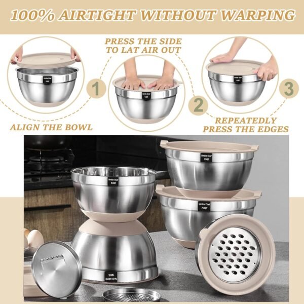 Mixing Bowls with Airtight Lids Set, 26PCS Stainless Steel Khaki Bowls with Grater Attachments, Non-Slip Bottoms & Kitchen Gadgets Set, Size 7, 4, 2.5, 2.0,1.5, 1QT, Great for Mixing & Serving - Image 5