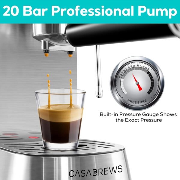 CASABREWS Espresso Machine 20 Bar, Professional Espresso Maker with Milk Frother Steam Wand, Compact Espresso Coffee Machine with 34oz Removable Water Tank for Cappuccino, Latte, Silver - Image 5