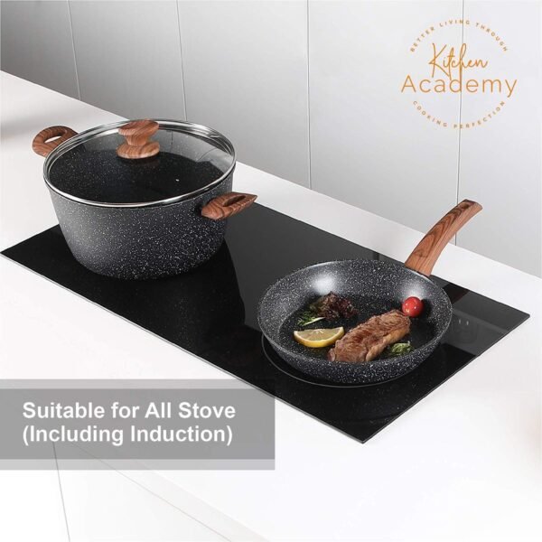 Kitchen Academy Induction Cookware Sets - 12 Piece Cooking Pan Set, Granite Black Nonstick Pots and Pans Set - Image 5