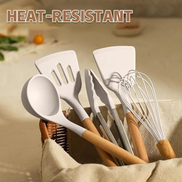 Umite Chef Kitchen Cooking Utensils Set, 33 pcs Non-Stick Silicone Cooking Kitchen Utensils Spatula Set with Holder, Wooden Handle Silicone Kitchen Gadgets Utensil Set (Khaki) - Image 4