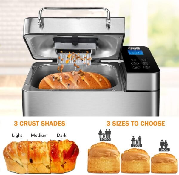 KBS Pro Stainless Steel Bread Machine, 2LB 17-in-1 Programmable XL Bread Maker with Fruit Nut Dispenser, Nonstick Ceramic Pan& Digital Touch Panel, 3 Loaf Sizes 3 Crust Colors, Reserve& Keep Warm Set - Image 5