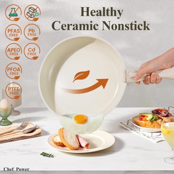 Ceramic Cookware Set Non Toxic with Detachable Handles, Healthy Nonstick Pans and Pots Set 19 Pcs, Induction Dishwasher Oven Safe Kitchen Set, PFAS PFOA & PTFE Free, Cream White - Image 7