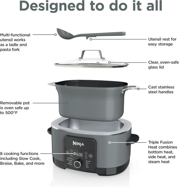 Ninja MC1001 Foodi PossibleCooker PRO 8.5 Quart Multi-Cooker, with 8-in-1 Slow Cooker, Dutch Oven, Steamer, Glass Lid Integrated Spoon, Nonstick, Oven Safe Pot to 500°F, Sea Salt Gray - Image 2