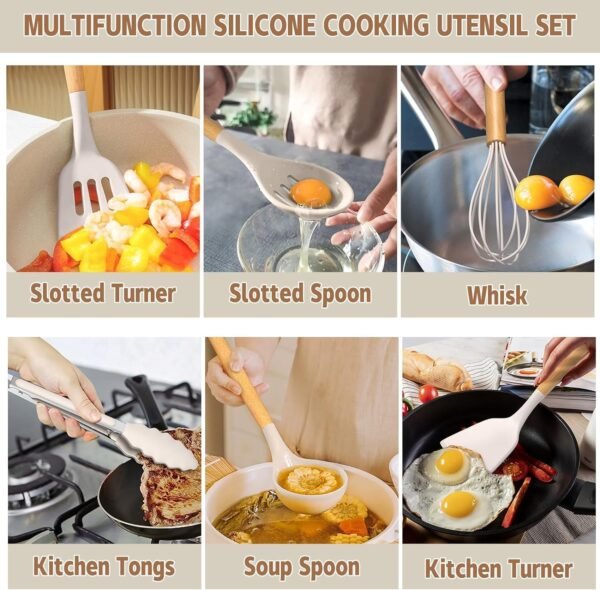 Umite Chef Kitchen Cooking Utensils Set, 33 pcs Non-Stick Silicone Cooking Kitchen Utensils Spatula Set with Holder, Wooden Handle Silicone Kitchen Gadgets Utensil Set (Khaki) - Image 2