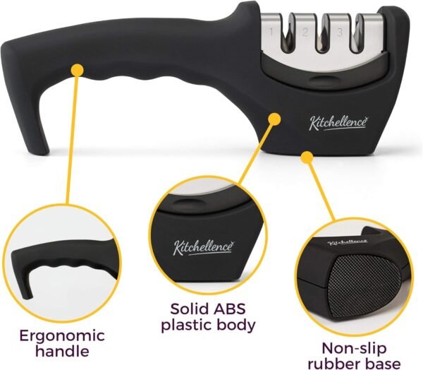 4-in-1 Kitchen Knife Accessories: 3-Stage Knife Sharpener Helps Repair, Restore, Polish Blades and Cut-Resistant Glove (Black) - Image 2