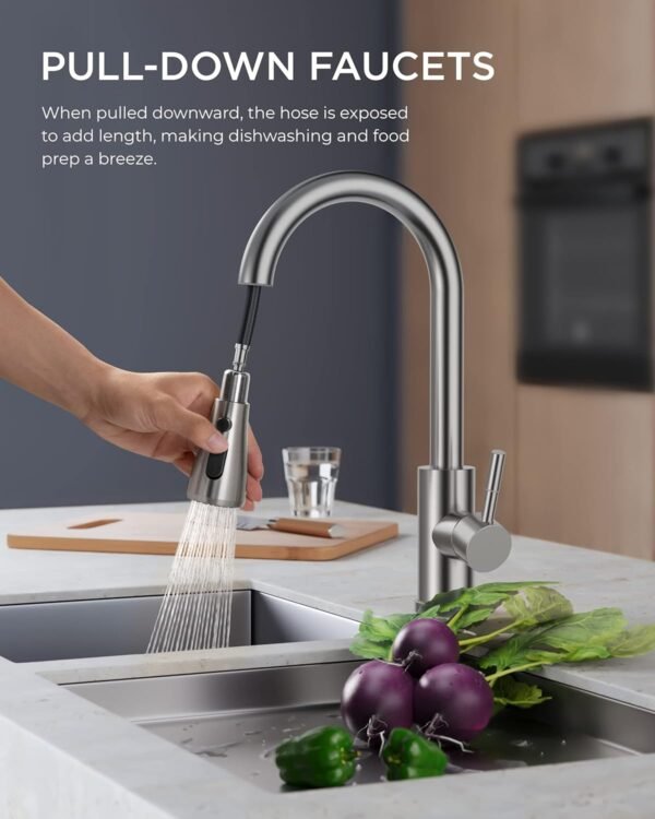 FORIOUS Kitchen Faucets, Brushed Nickel Kitchen Faucet with Pull Down Sprayer, High Arc Single Handle Stainless Steel Sink Faucets 1 or 3 Hole, Kitchen Sink Faucets for Farmhouse Camper Laundry Rv Bar - Image 3