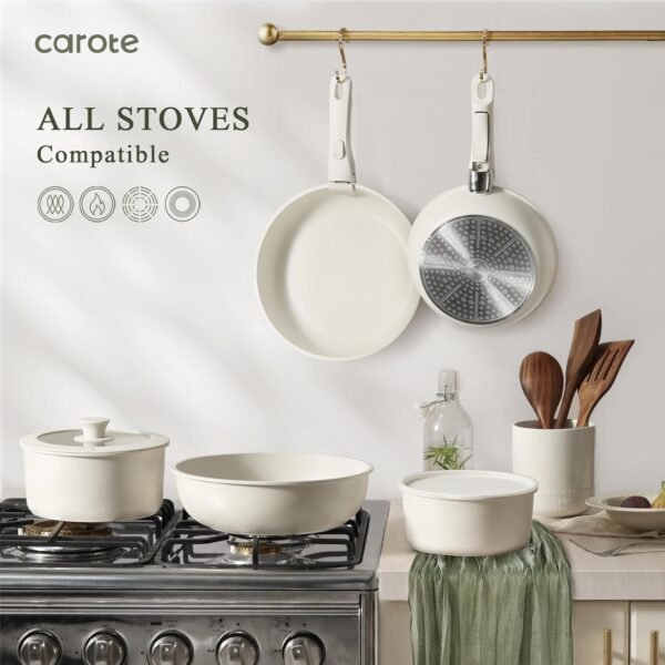 CAROTE Pots and Pans Set Non Stick, Cookware Sets, 11pcs Kitchen Set, Oven/Fridge Safe, Space Saving Pots Set, Nonstick Set with Versatile Removable/Detachable Handle, Induction RV Set, Cream White - Image 3