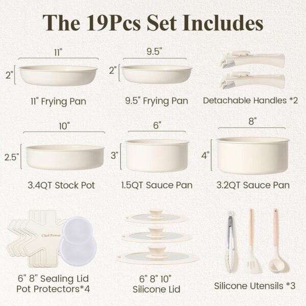 Ceramic Cookware Set Non Toxic with Detachable Handles, Healthy Nonstick Pans and Pots Set 19 Pcs, Induction Dishwasher Oven Safe Kitchen Set, PFAS PFOA & PTFE Free, Cream White - Image 6
