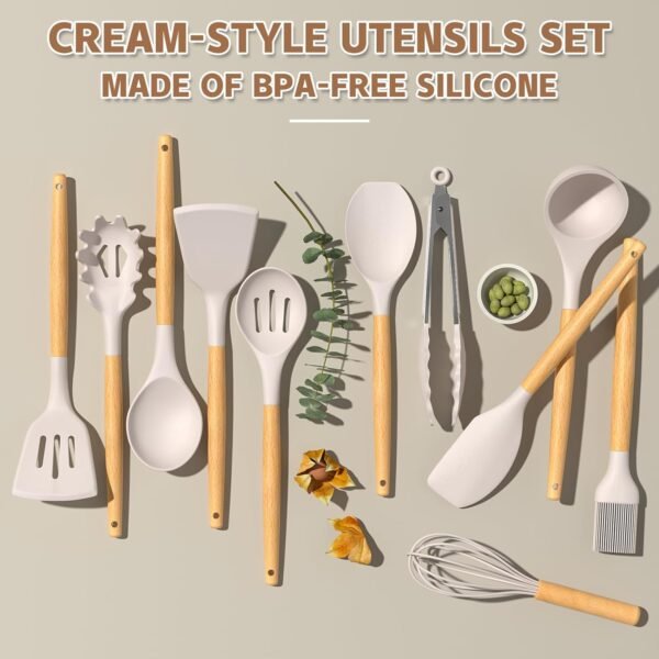 Umite Chef Kitchen Cooking Utensils Set, 33 pcs Non-Stick Silicone Cooking Kitchen Utensils Spatula Set with Holder, Wooden Handle Silicone Kitchen Gadgets Utensil Set (Khaki) - Image 3