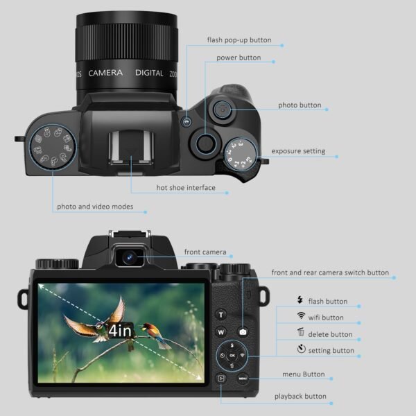 Saneen Digital Camera, 4k Cameras for Photography & Video, 64MP WiFi Touch Screen Vlogging Camera for YouTube with Flash, 32GB SD Card, Lens Hood, 3000mAH Battery, Front and Rear Cameras - Black - Image 3