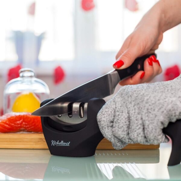 4-in-1 Kitchen Knife Accessories: 3-Stage Knife Sharpener Helps Repair, Restore, Polish Blades and Cut-Resistant Glove (Black) - Image 3