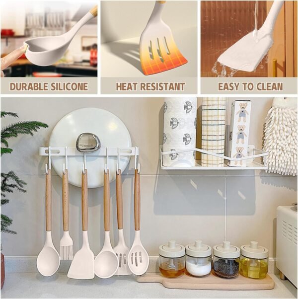 Umite Chef Kitchen Cooking Utensils Set, 33 pcs Non-Stick Silicone Cooking Kitchen Utensils Spatula Set with Holder, Wooden Handle Silicone Kitchen Gadgets Utensil Set (Khaki) - Image 6