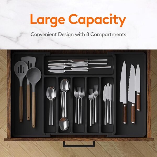 Lifewit Silverware Drawer Organizer, Expandable Utensil Tray for Kitchen, BPA Free Flatware and Cutlery Holder, Adjustable Plastic Storage for Spoons Forks Knives, Large, Black - Image 7