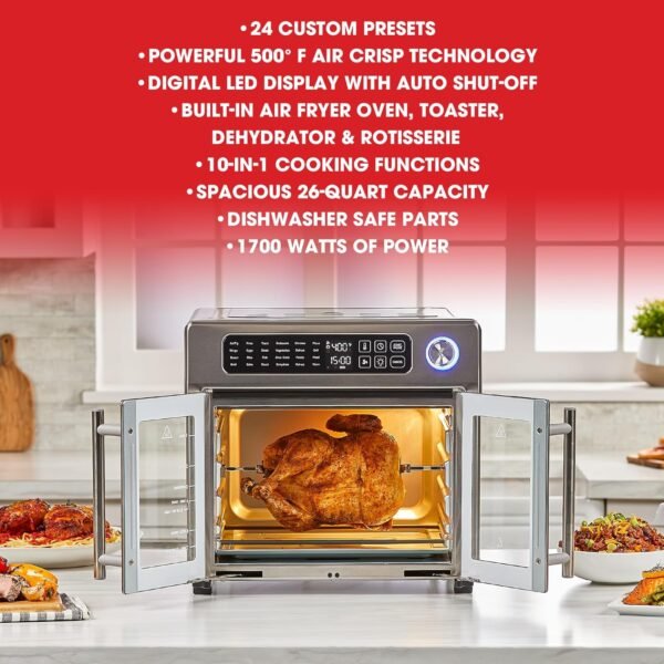 Emeril Lagasse 26 QT Extra Large Air Fryer, Convection Toaster Oven with French Doors, Stainless Steel - Image 9