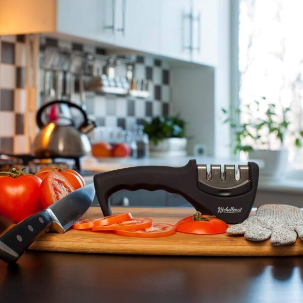 4-in-1 Kitchen Knife Accessories: 3-Stage Knife Sharpener Helps Repair, Restore, Polish Blades and Cut-Resistant Glove (Black) - Image 8