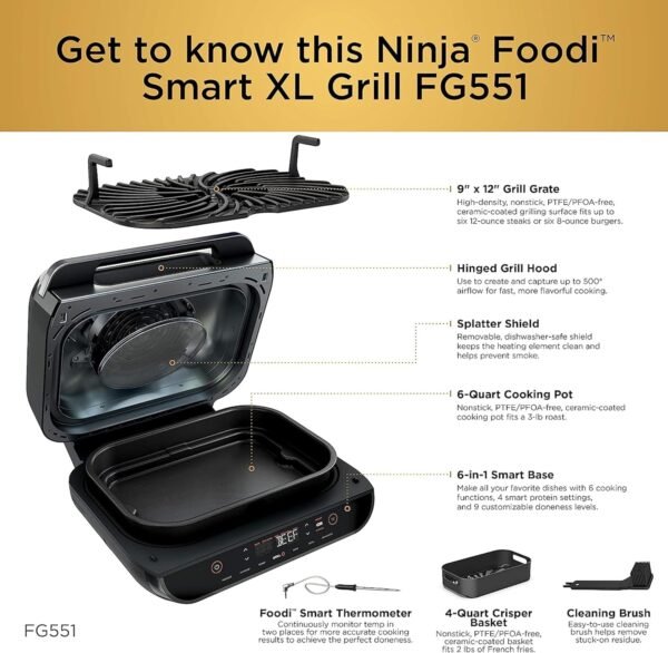 Ninja Indoor Grill, Foodi Smart XL 6-in-1 Indoor Grill with Air Fry, Roast, Bake, Broil & Dehydrate, Smart Thermometer, Black/Silver, FG551 - Image 5