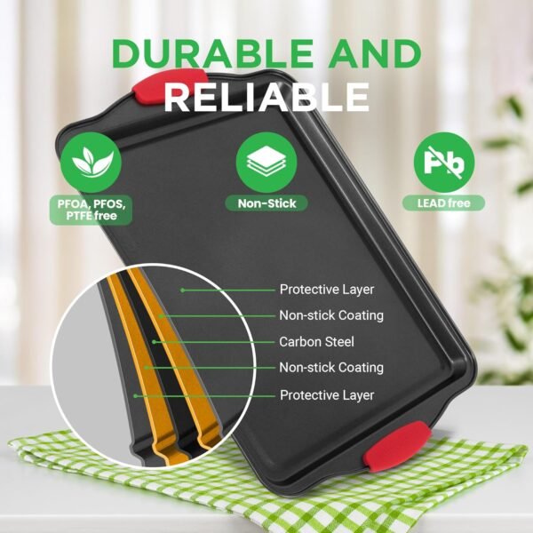 NutriChef 3-Piece Nonstick Kitchen Oven Baking Pans - Premium & Stylish Non-Stick Steel, Commercial Grade Restaurant Quality Metal Bakeware with Red Silicone Handles - Easy to Clean, NCSBS3S - Image 4