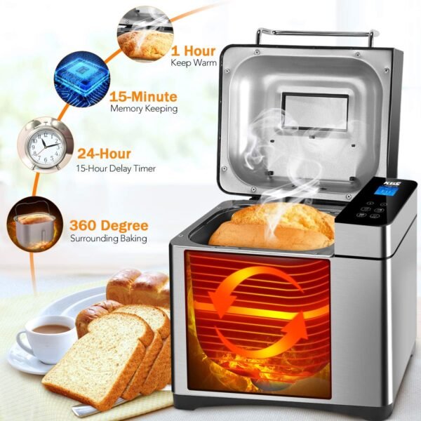 KBS Pro Stainless Steel Bread Machine, 2LB 17-in-1 Programmable XL Bread Maker with Fruit Nut Dispenser, Nonstick Ceramic Pan& Digital Touch Panel, 3 Loaf Sizes 3 Crust Colors, Reserve& Keep Warm Set - Image 6