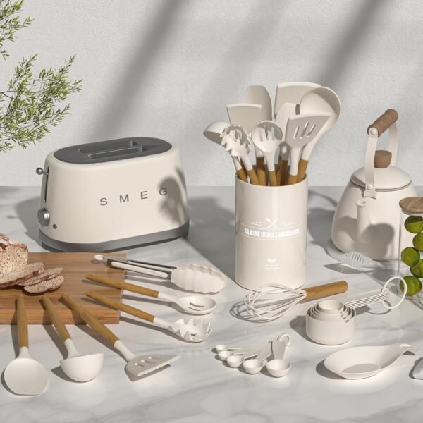 Umite Chef Kitchen Cooking Utensils Set, 33 pcs Non-Stick Silicone Cooking Kitchen Utensils Spatula Set with Holder, Wooden Handle Silicone Kitchen Gadgets Utensil Set (Khaki) - Image 7