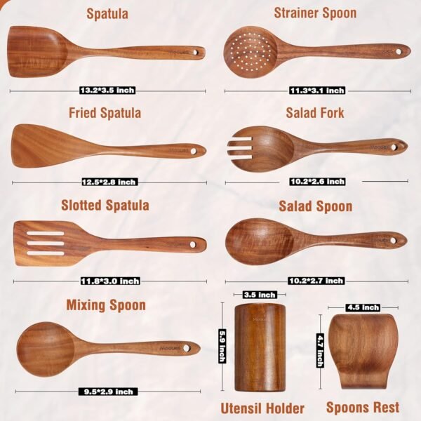 9 Piece Natural Teak Wooden Kitchen Utensil Set with Spoon Rest - Comfort Grip Cooking Spoons and Utensils Holder - Image 3