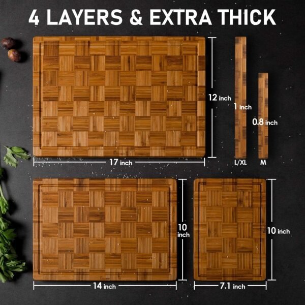 Extra Large Bamboo Cutting Boards, (Set of 3) Chopping Boards with Juice Groove Bamboo Wood Cutting Board Set Butcher Block for Kitchen, End Grain Serving Tray by Kikcoin - Image 3