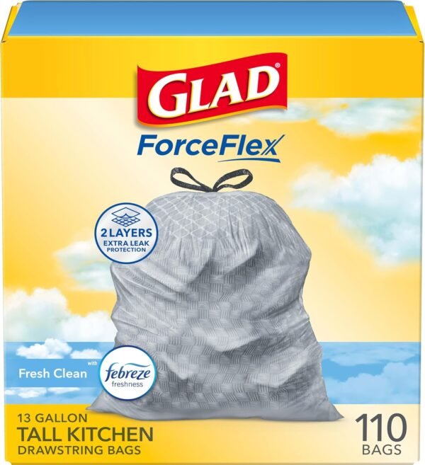 Glad Tall Kitchen Drawstring Trash Bags - Odorshield 13 Gallon White Trash Bag, Febreze Fresh Clean, 110 Count - Image 8