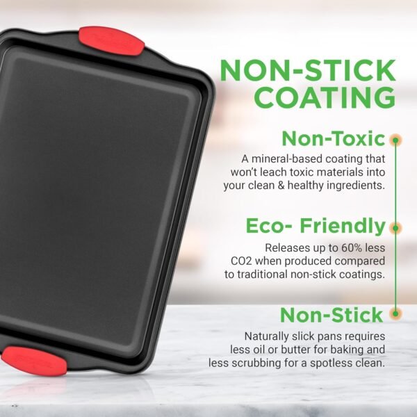 NutriChef 3-Piece Nonstick Kitchen Oven Baking Pans - Premium & Stylish Non-Stick Steel, Commercial Grade Restaurant Quality Metal Bakeware with Red Silicone Handles - Easy to Clean, NCSBS3S - Image 6