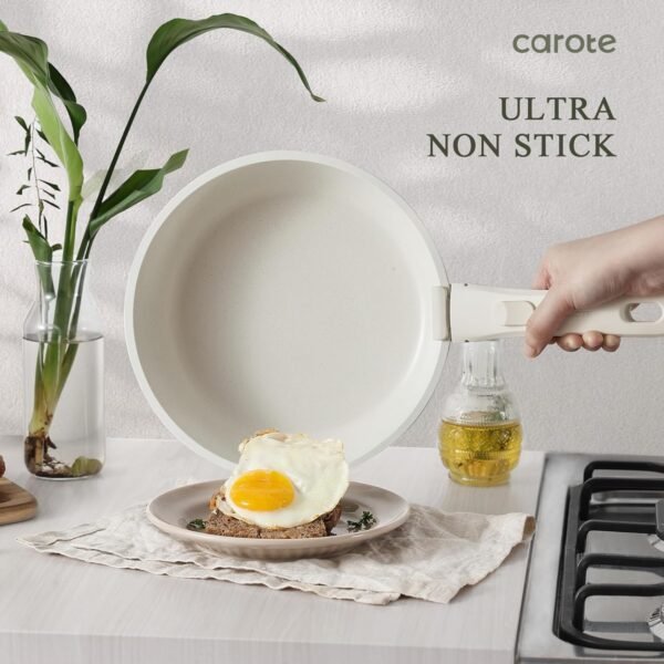 CAROTE Pots and Pans Set Non Stick, Cookware Sets, 11pcs Kitchen Set, Oven/Fridge Safe, Space Saving Pots Set, Nonstick Set with Versatile Removable/Detachable Handle, Induction RV Set, Cream White - Image 7